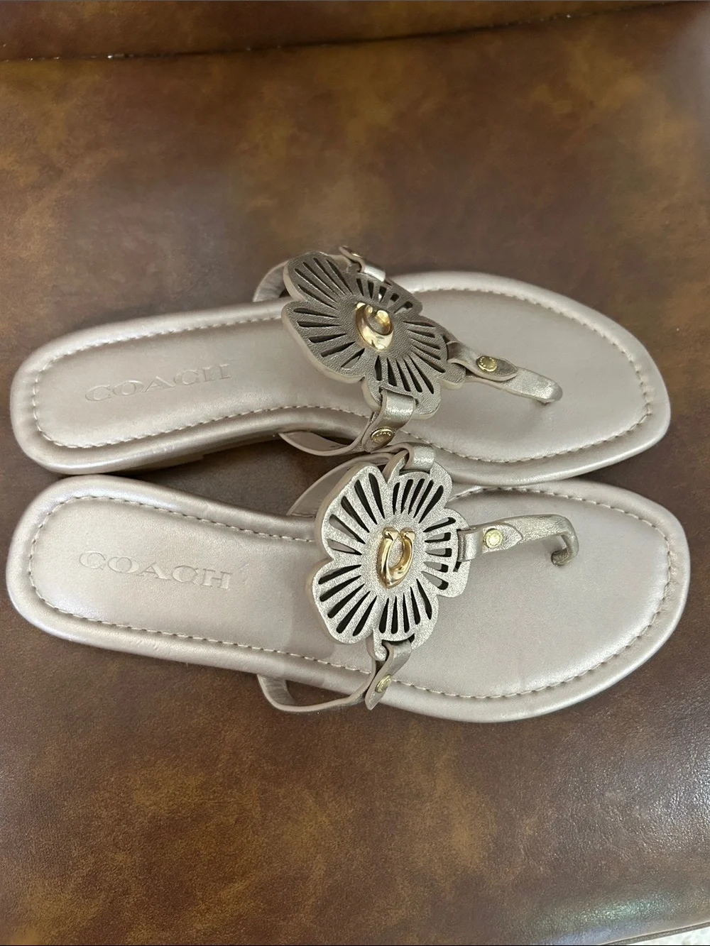 Coach Metallic Champagne Floral Medallion Thong Sandals